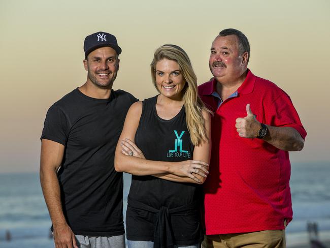 Erin Molan with co-hosts Beau Ryan and Darryl Brohman at Surfers Paradise ahead of filming the Footy Show on the Gold Coast. Picture: Jerad Williams