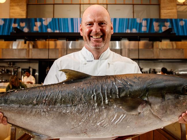 Executive Chef Tony Carroll with a wild Kingfish at Fishbank, the restaurant on October 12, 2020 in Adelaide. Picture Matt Turner.