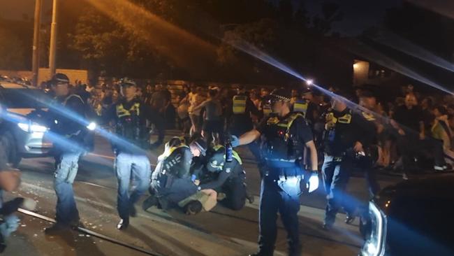 Pro-Palestinian protesters were pepper sprayed in a chaotic clash with police near a Caulfield synagogue.