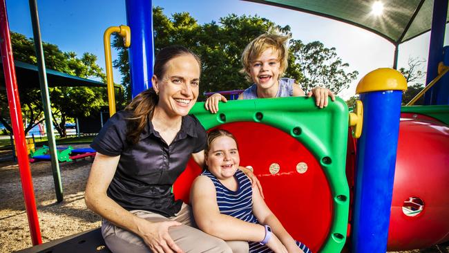 SmartClinics West End GP Jacqui Kelly with her children Hayden, 5 and Stephanie, 7. Picture: Nigel Hallett