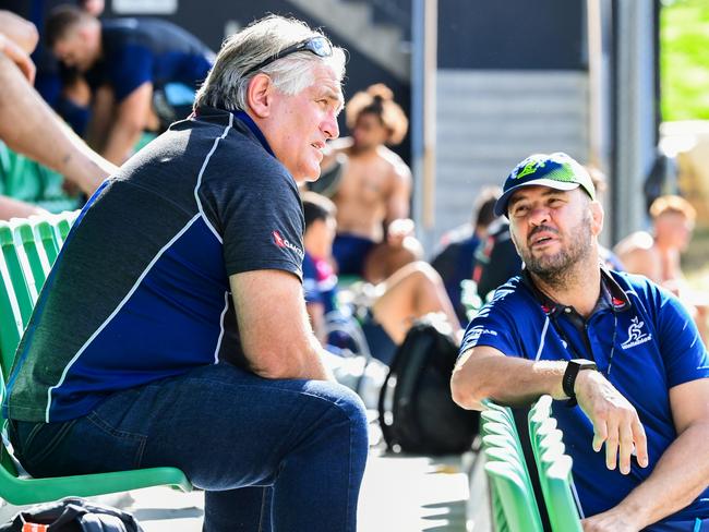 Rugby Australia director of rugby Scott Johnson (left) talks with Wallabies coach Michael Cheika in Johannesburg. Picture: Stu Walmsley/Rugby Australia Media.