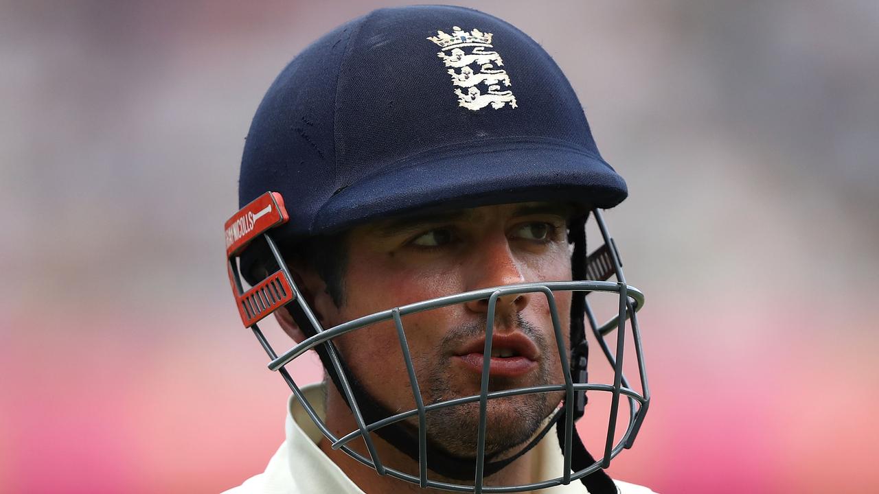 SYDNEY, AUSTRALIA — JANUARY 07: Alastair Cook of England looks dejected after being dismissed by Nathan Lyon of Australia during day four of the Fifth Test match in the 2017/18 Ashes Series between Australia and England at Sydney Cricket Ground on January 7, 2018 in Sydney, Australia. (Photo by Ryan Pierse/Getty Images)