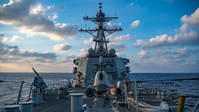 The Arleigh-Burke class guided-missile destroyer USS Barry (DDG 52) conducting operations in the South China Sea in April. Picture: AFP