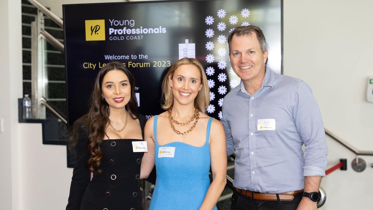 Tahlia Micallef, Mary Grant, Aaron Lovell at the YP Gold Coast City Leaders Forum, 2023. Picture: Celeste Humphrey