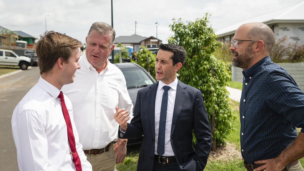 Queensland Premier David Crisafulli with (from left) Hot Property director Jacob Carlile, Toowoomba North MP Trevor Watts and Treasurer David Janetzki after a press conference in Toowoomba, Friday, January 24, 2025. Picture: Kevin Farmer