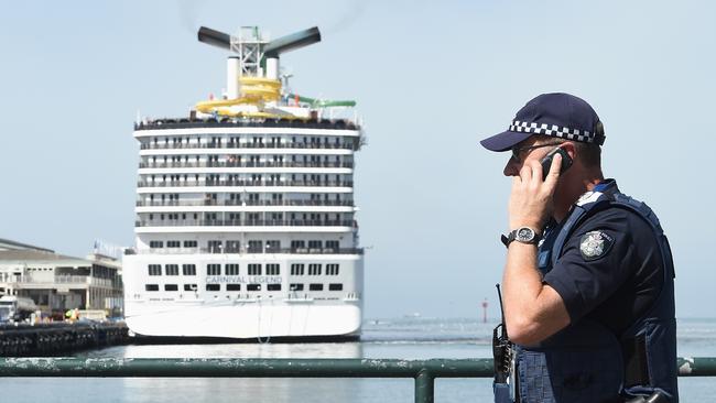 The Carnival Legend docks at Station Pier, Melbourne after 26 members from the same family were taken off the boat in Eden, New South Wales after causing days of trouble. Picture: Nicole Garmston