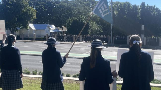 Students at Ipswich Girls' Grammar School showed support for their teachers during Tuesday's strike action. Picture: Jonathan O'Neill