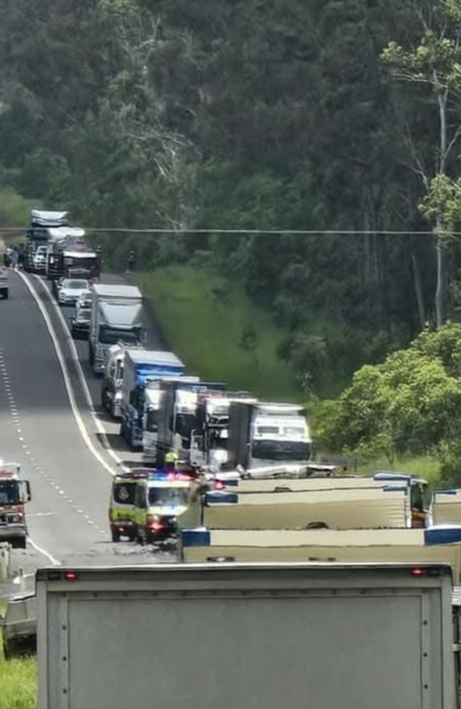 The scene of a Bruce Highway crash which left two men with life-threatening injuries at Owanyilla. PHOTO: Jacqueline Broad