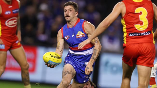 AFL Round 5.   17/04/2021.Western Bulldogs vs Gold Coast Suns at Marvel Stadium, Melbourne.    Bulldog Tom Liberatore goes to work in traffic during the 2nd qtr.   . Pic: Michael Klein