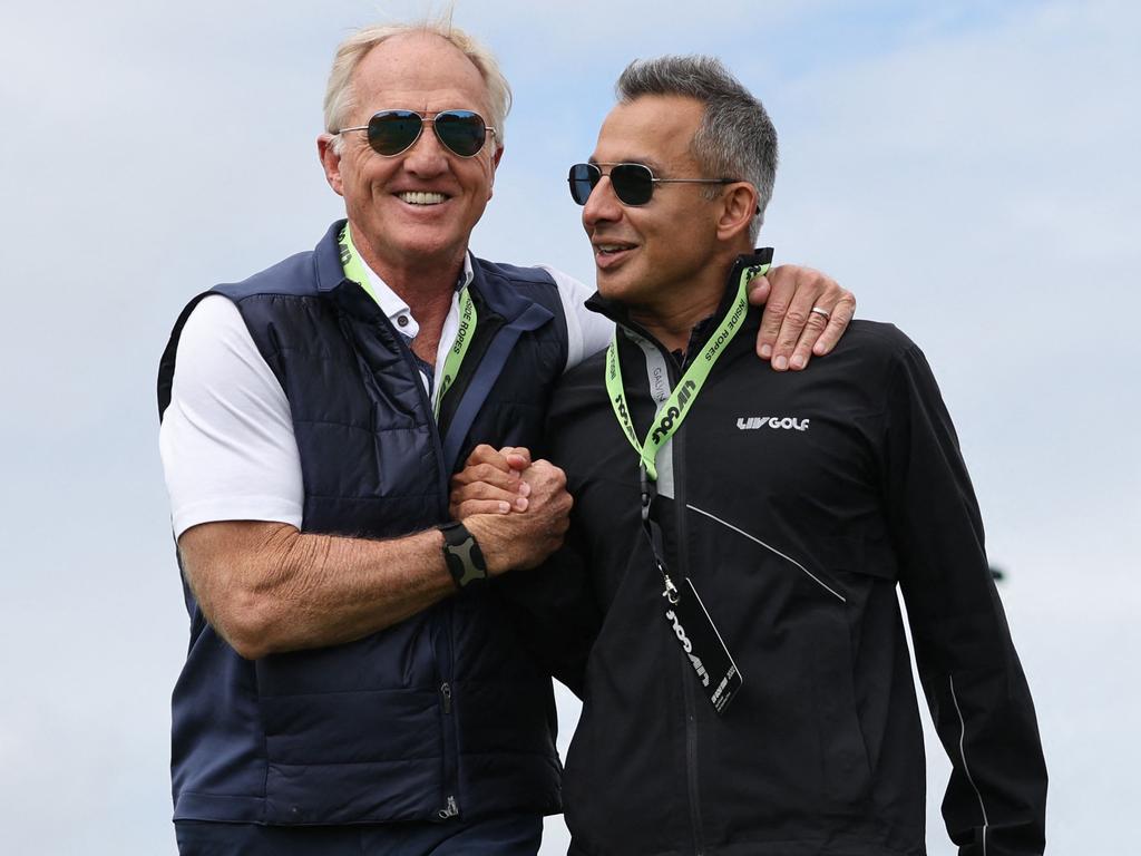 LIV Golf chief Greg Norman and Saudi golf federation chief Majed Al Sorour. Picture: Adrian DENNIS/AFP