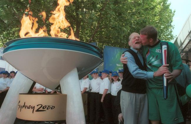 Sachs after lighting the cauldron in Wollongong during Sydney 2000 Paralympic Torch Relay. Picture: Chris Pavlich