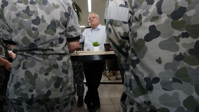 Prime Minister Scott Morrison in Darwin during a visit to Robertson Barracks where he met with ADF members and US Marines. Picture Gary Ramage