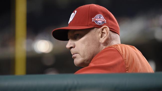 Washington Nationals manager Matt Williams watches from the dugout.