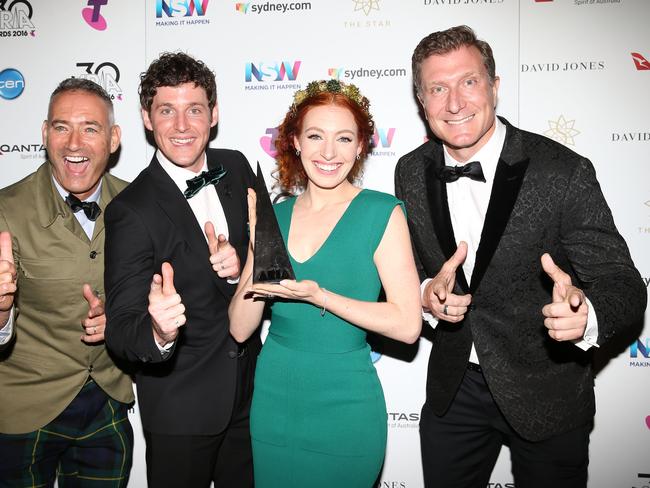 The Wiggles pose in the awards room with an ARIA for Best Childrens Album. Picture: Getty