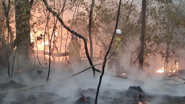 Firefighters battle the Currowan fire, north of Batemans Bay on the NSW South Coast. Picture: Kangaroo Valley RFS