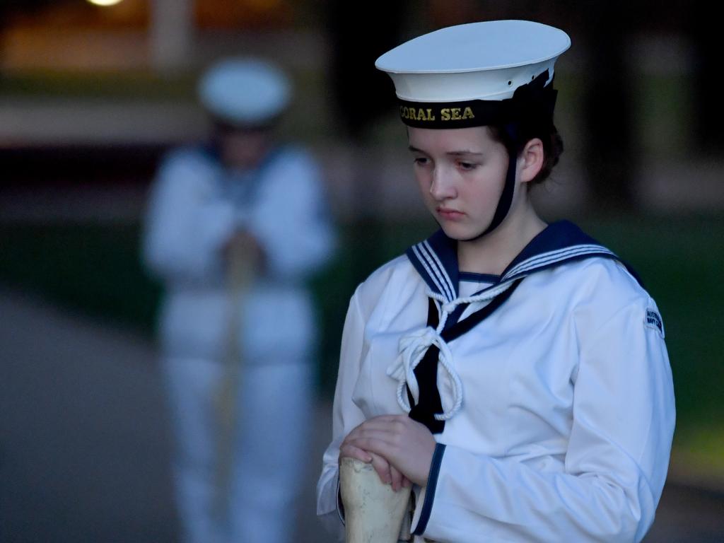 Dawn Service at Anzac Park for 83rd commemoration of Battle of Coral Sea. Part of the catafalque party from TS Coral Sea. Picture: Evan Morgan