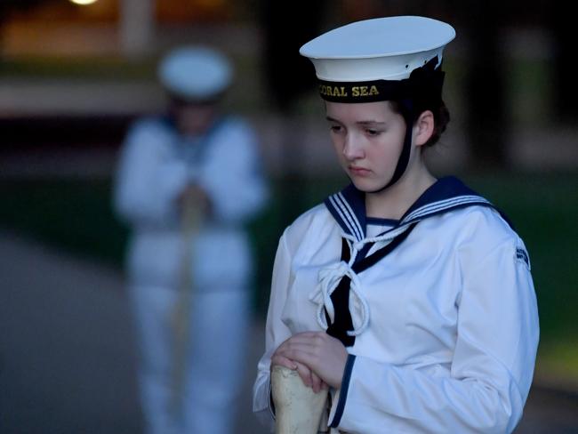 Dawn Service at Anzac Park for 83rd commemoration of Battle of Coral Sea. Part of the catafalque party from TS Coral Sea. Picture: Evan Morgan