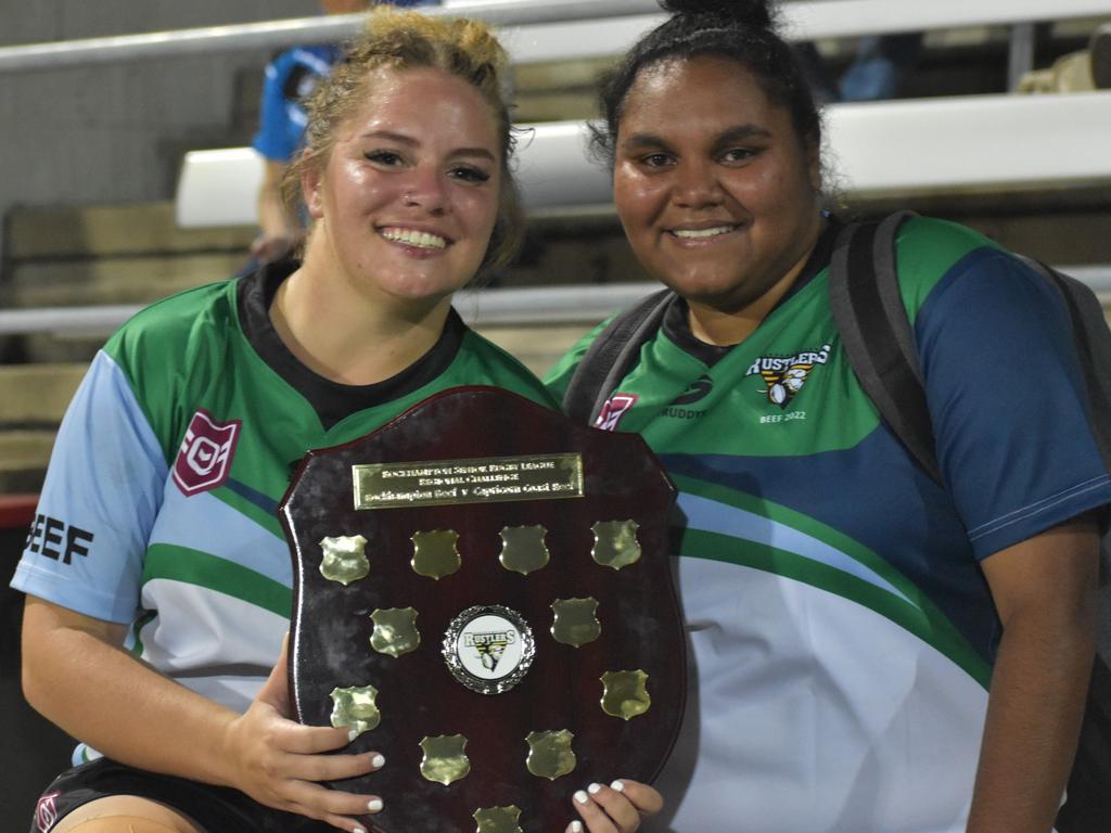 Beef women’s captain Akayla McQuire (left) with teammate and Player of the Final Tashina Ketchup.