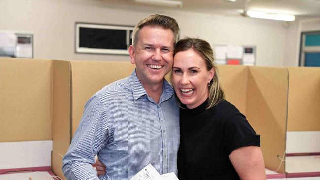 Jarrod Bleijie and his wife Sally vote in the 2024 State Election at Meridan State College in Meridan, Queensland. Picture: Patrick Woods.