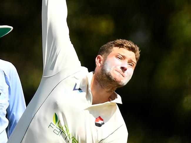 Tom Smith of Bonbeach bowls during the Cricket Southern Bayside Championship Division Semi-Final match between Bentleigh and Bonbeach at Bentleigh Reserve on March 9, 2024, in Melbourne, Australia. (Photo by Josh Chadwick)