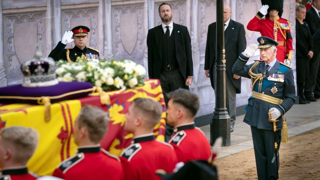 King Charles is seen with his mother's coffin. Picture: Danny Lawson - WPA Pool/Getty Images.