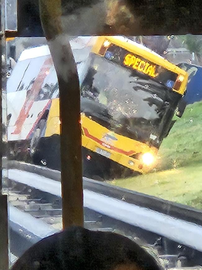 A bus has driven off the O-Bahn track at Klemzig. Picture: Reddit