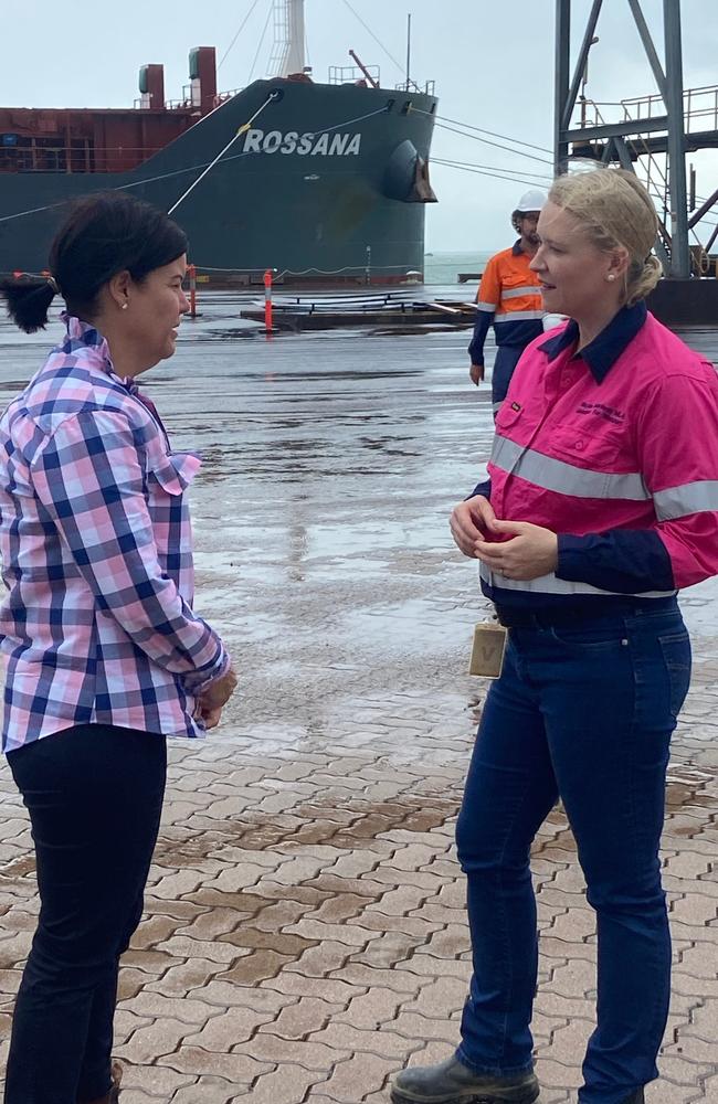 Former Chief Minister Natasha Fyles and her then deputy and Mining Minister Nicole Manison at the soggy Core Lithium media event.