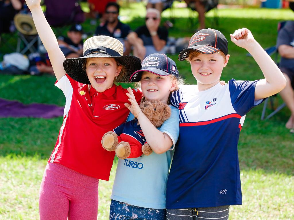 Elouise Amos, 9, Alexis Harvey, 6, and Braxton Harvey, 8, at the Darwin Supercars at Hidden Valley. Picture: GLENN CAMPBELL