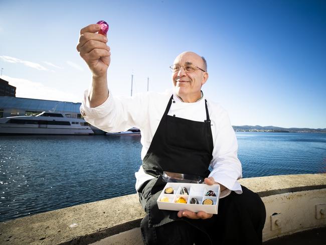John Zito, from Nutpatch, with fine chocolates on Hobart’s waterfront. Picture: RICHARD JUPE