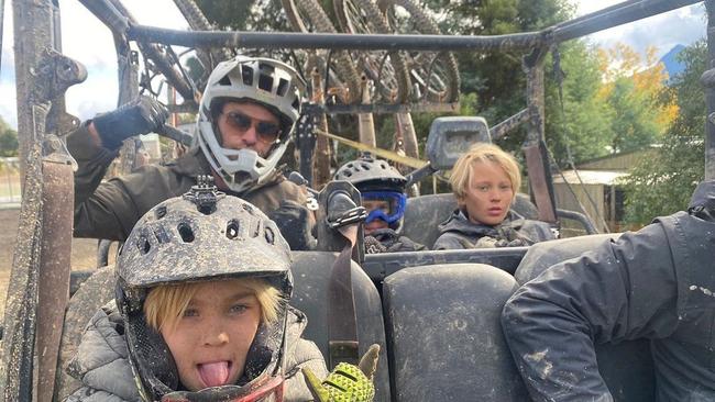 Chris Hemsworth with his sons and friends at Maydena Bike Park. Photo: @chrishemsworth/Instagram