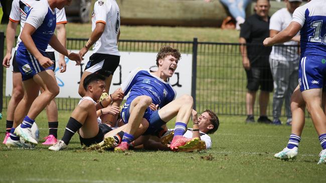 Samuel Petch celebrates a try against the Macarthur Wests Tigers during round two of the Laurie Daley Cup at Kirkham Oval, Camden, 10 February 2024. Picture: Warren Gannon Photography