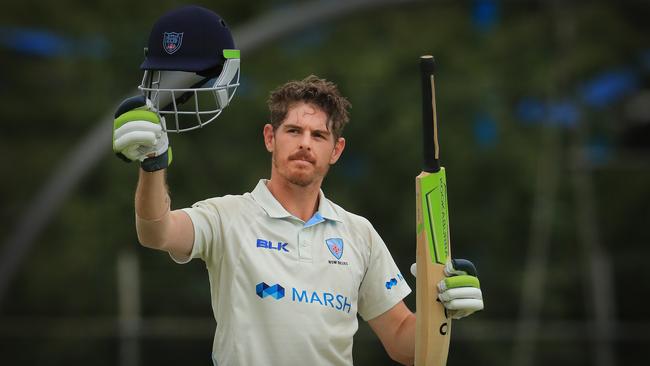 Daniel Hughes after scoring his second century of the game against South Australia on day three of the Sheffield Shield match at Bankstown Oval