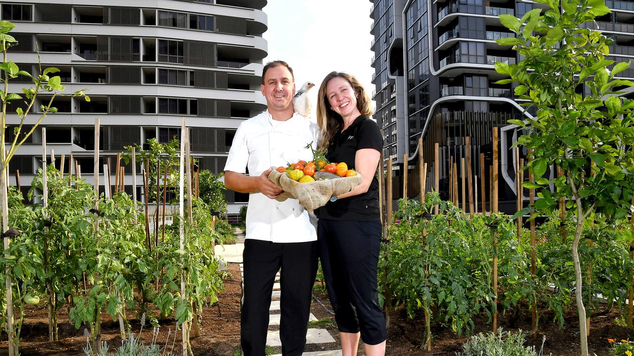 Chef Neven Vanderzee and food and beverage manager Corryn Rattray with some of the food and one of the chickens from the rooftop farm at TotalFusion Platinum in Newstead. Picture, John Gass