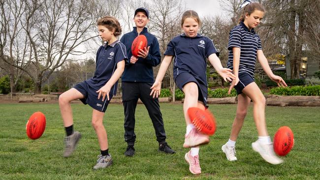 Stirling East Primary School PE teacher Adam Curran with students Levi Hermens and Hadley and Marley O'Connor. Picture: Brad Griffin Photography