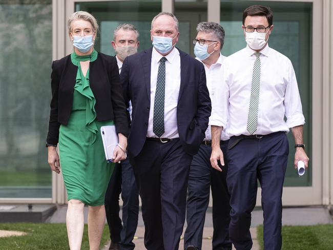 Barnaby Joyce with the Nationals Leadership Team-Bridget McKenzie, David Littleproud, Kevin Hogan and Keith Pitt walking to the party meeting. Picture: Gary Ramage