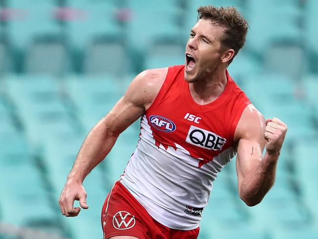 Luke Parker of the Swans celebrates kicking a goal against Hawthorn last month. Picture: Cameron Spencer