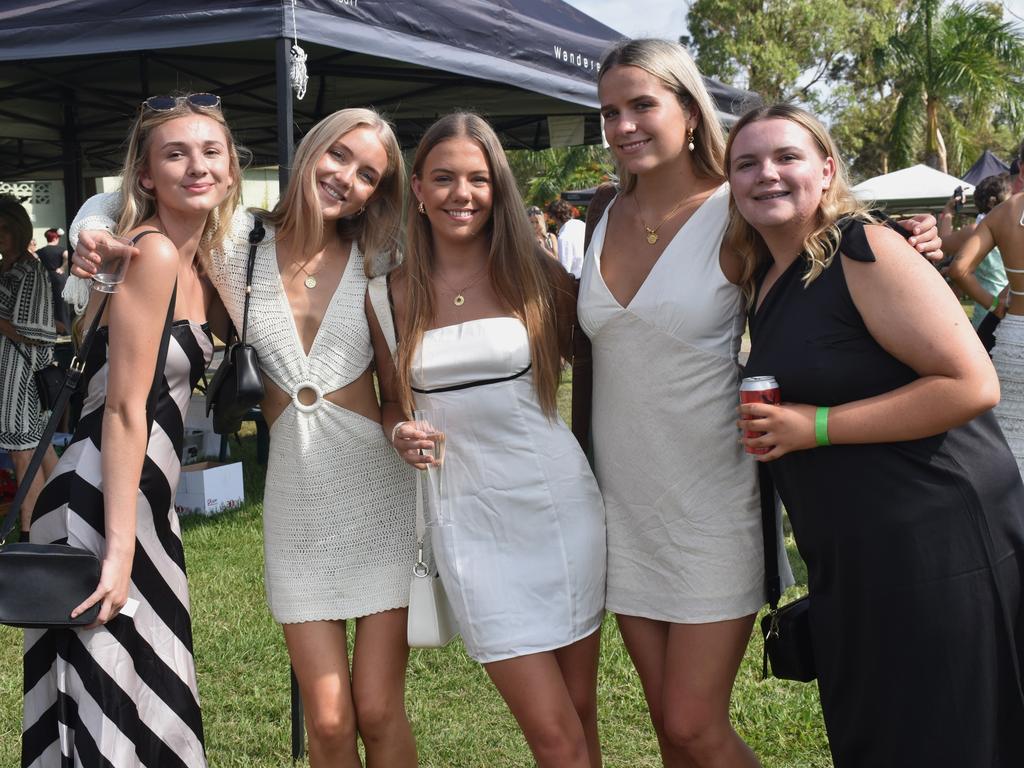 Sam Hocking, Maya Fitchen, Yasmin Thiedeke, Cassie Tanner and Maddy Hixon at the Yeppoon Turf Club's Derby Day races at Keppel Park Racecourse on November 2, 2024.