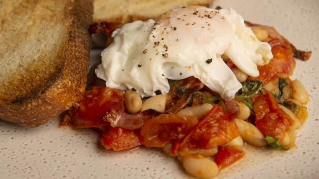 Brunch: Breakfast beans with basil and bacon. Picture: Zoe Phillips