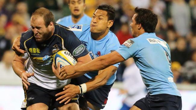 NRL ACT Brumbies Vs NSW Waratahs at GIO Stadium, Canberra. Ben Alexander is over-run by the opposition. Picture: Strange Ray