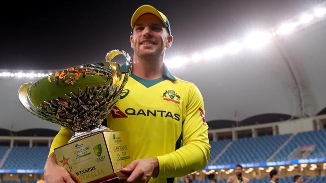 Aaron Finch holds the trophy after leading Australia to a 5-0 series win over Pakistan. Picture: Getty Images 