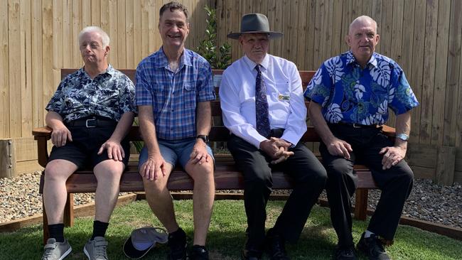 (From left to right) Keith Perry, John O'Sullivan, Robert MacKenzie and Frank Jensen sit together on a bench made for the memory of their friend Bill "The Legend" Pascoe. Picture: Duncan Evans