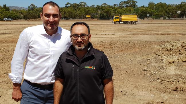 Richardson Reserve Football Federation of SA chief executive Michael Carter and Green Play managing director Anthony Saba at Richardson Reserve. Picture: COLIN JAMES 