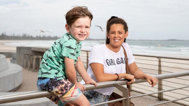 Chelle Osborne, 34, and son Oliver, 5, waited for 4 hours at Tweed Hospital before giving up and travelling to Gold Coast Hospital. Picture: Luke Marsden.