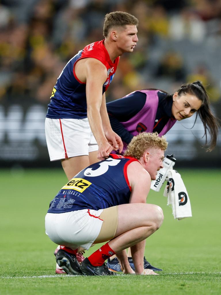 Clayton Oliver took some time after Pickett’s hit. (Photo by Dylan Burns/AFL Photos via Getty Images)