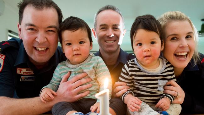 Parents celebrate first birthday of twins who were born and saved on the side of the Calder Highway. Picture: Jay Town