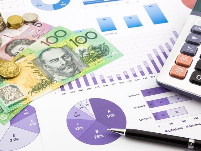 australia dollar currency on financial charts, expense cash flow summarizing and graphs background, concepts for saving money, budget management, stock exchange, investment and business income report; share dividends generic