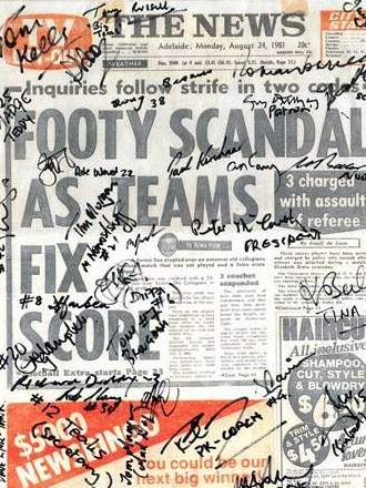 The front page of <i>The News</i> on August 24, 1981 after the Scotch and Iggies “phantom match” was exposed, signed by some of those involved. Picture: Adelaide Footy League.