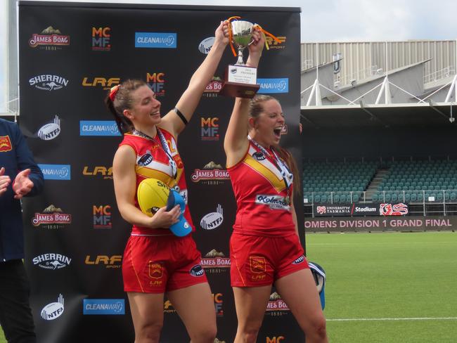 Meander Valley co-captains Caitlyn Lee and Emma Groves with the cup. Picture: Jon Tuxworth