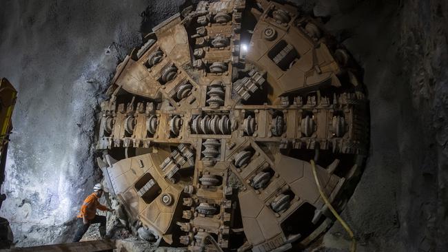 A Tunnel Boring Machine (TBM) such as this will be used to drill the Western Harbour Tunnel through the seabed of Sydney Harbour.