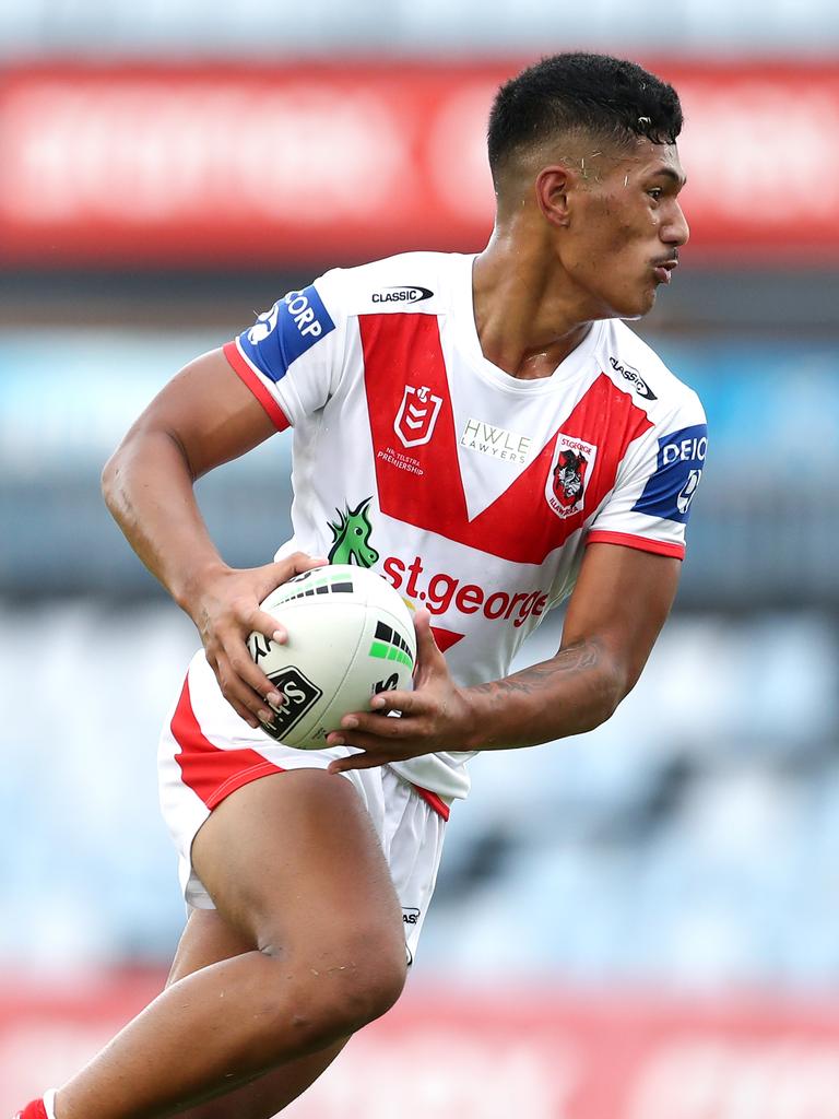 Junior Amone of the Dragons during the NRL trial between Cronulla Sharks and St George Illawarra Dragons at PointsBet Stadium on February 12. Picture: Brendon Thorne/Getty Images)